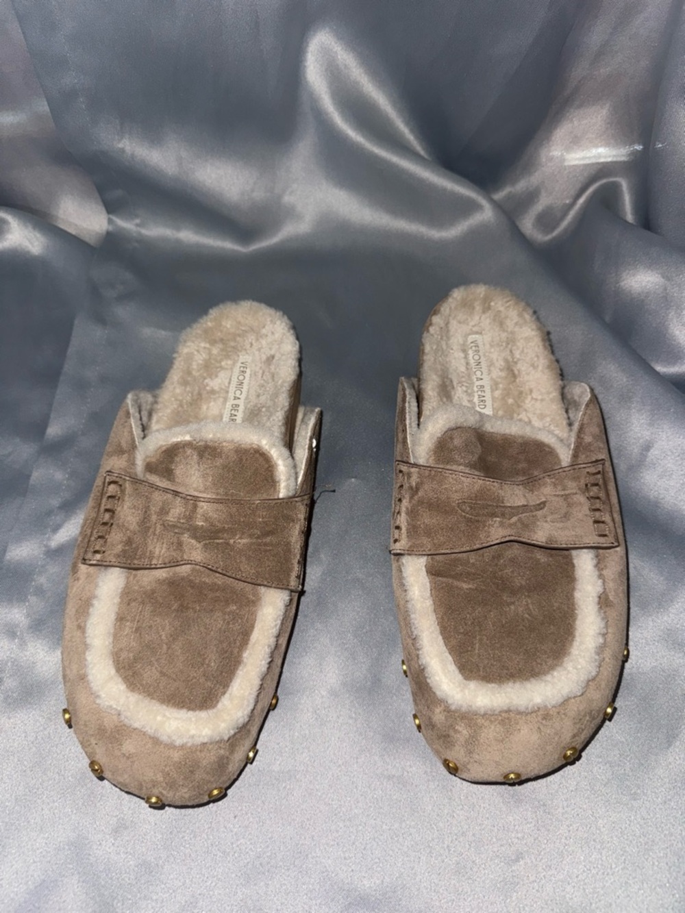 Veronica Beard Taupe Suede Shearling-Lined Loafer Mules